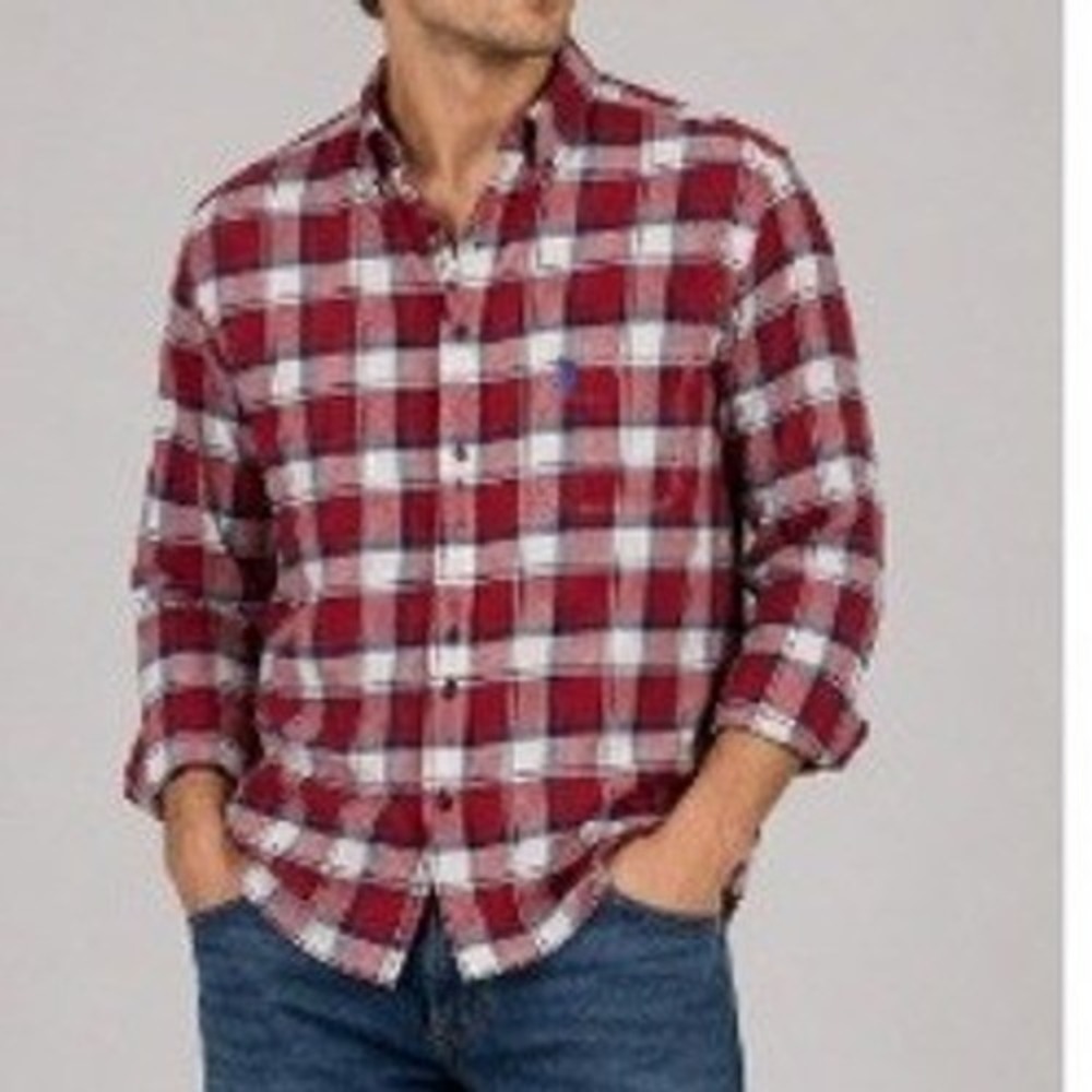 US Polo Assn Men's Red Blue Plaid Stretch Flannel Button Down Shirt Size L
